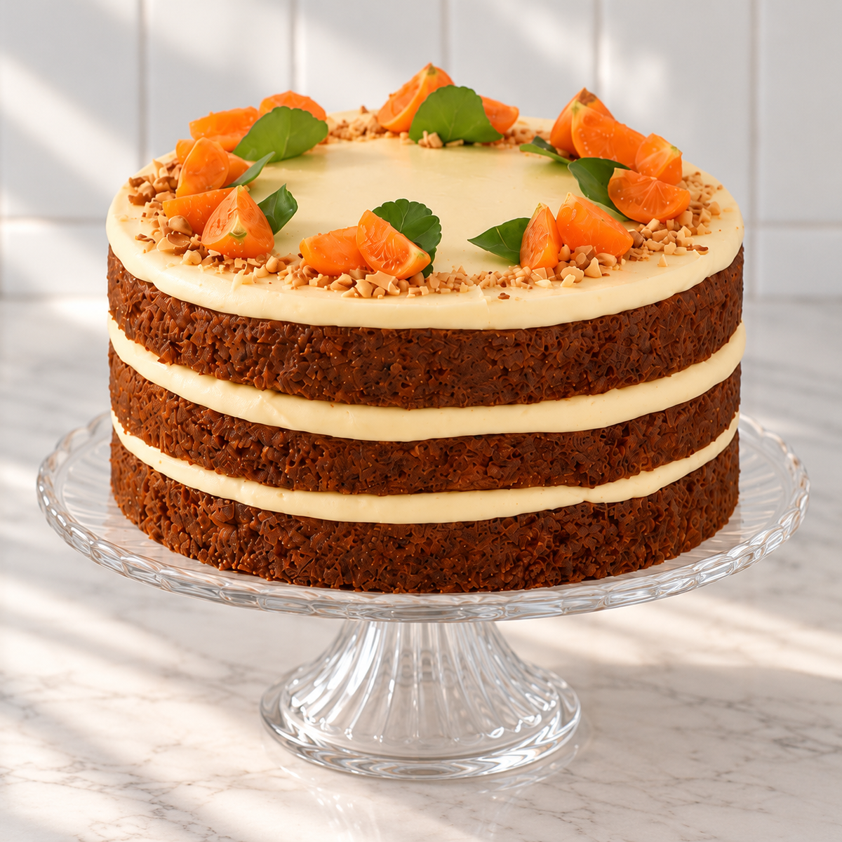 Roseleaf whole carrot cake on glass cake stand