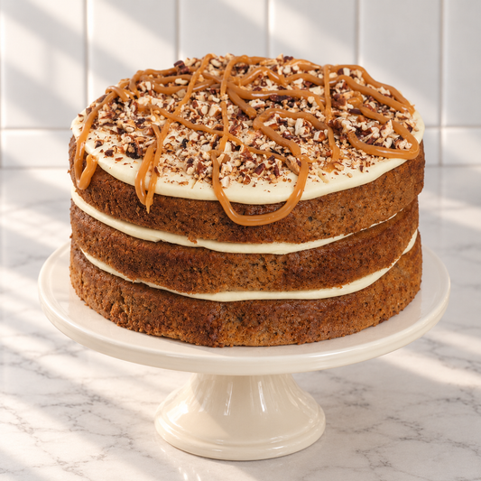 Banoffee cake on a cream cake stand against white marble