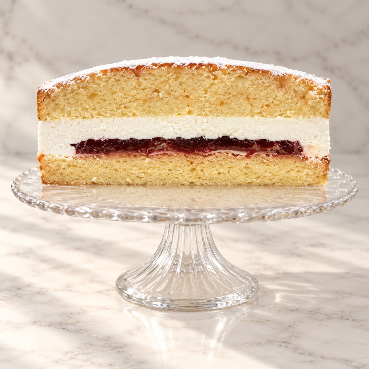 Victoria Sponge cutaway showing cream and jam on glass stand and white marble