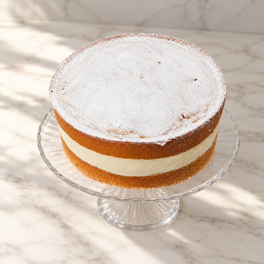 Victoria sponge cake on glass cake stand and white marble