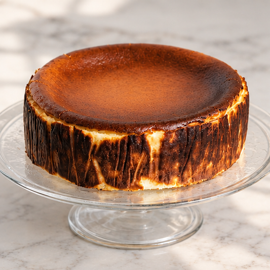 Basque cheesecake whole angled view on glass stand